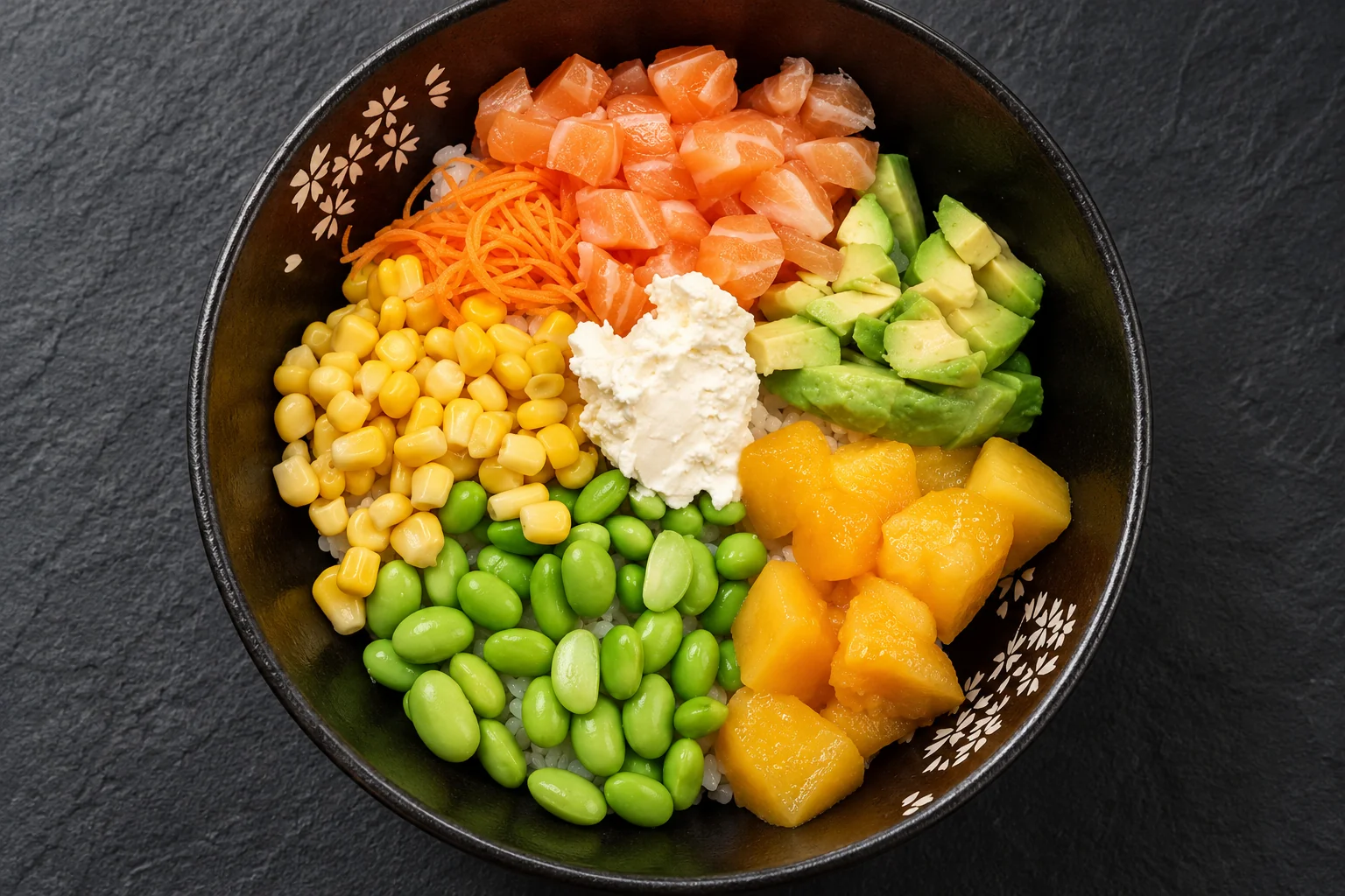 Poke bowl saumon avocat dans un bol noir à motifs de fleurs, vu de dessus, fond d'ardoise sombre.