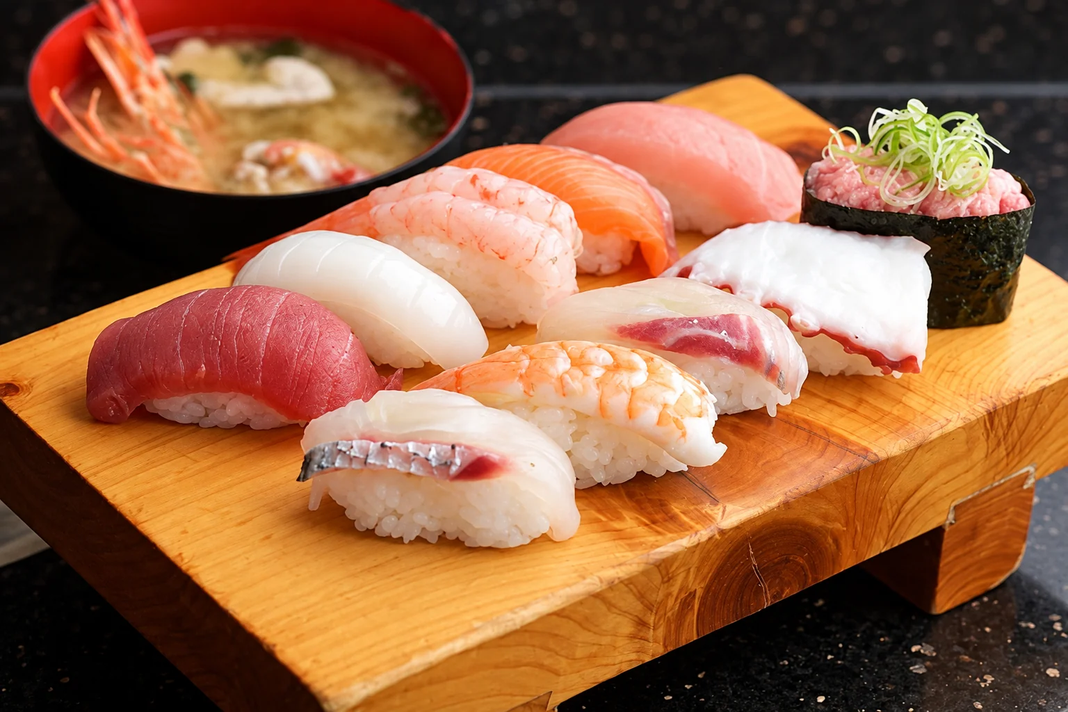 Sushis posés sur une planche en bois, un bol rouge de soupe à l'arrière-plan.