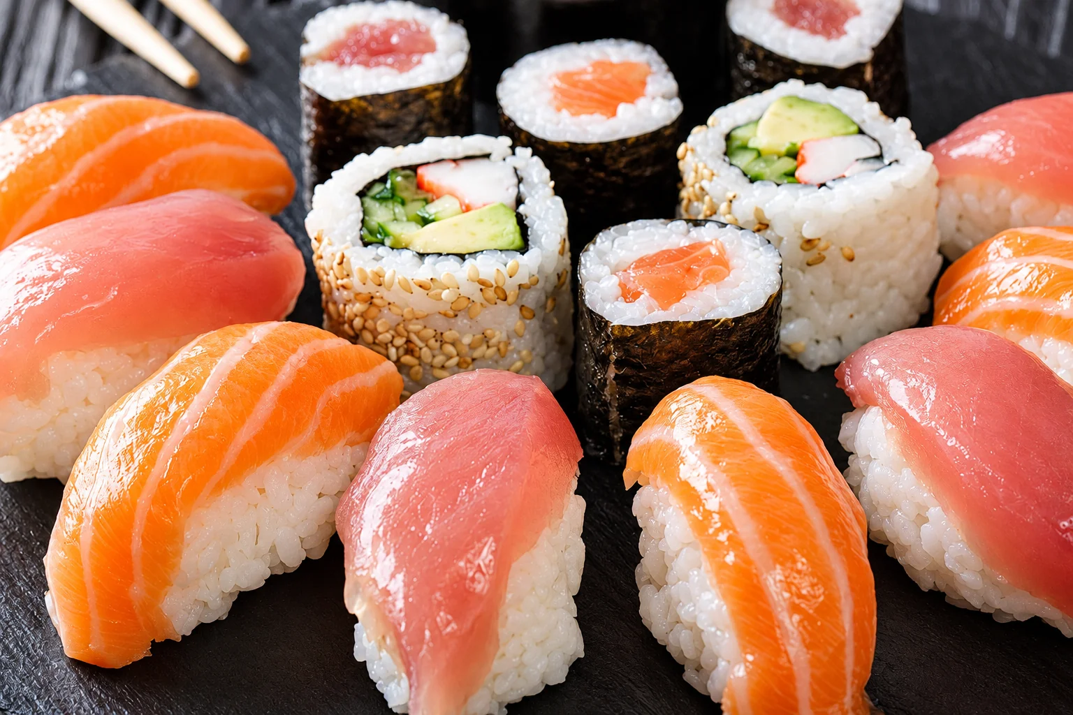 Sushis saumon et thon, makis et california sur une ardoise sombre, baguettes en haut.