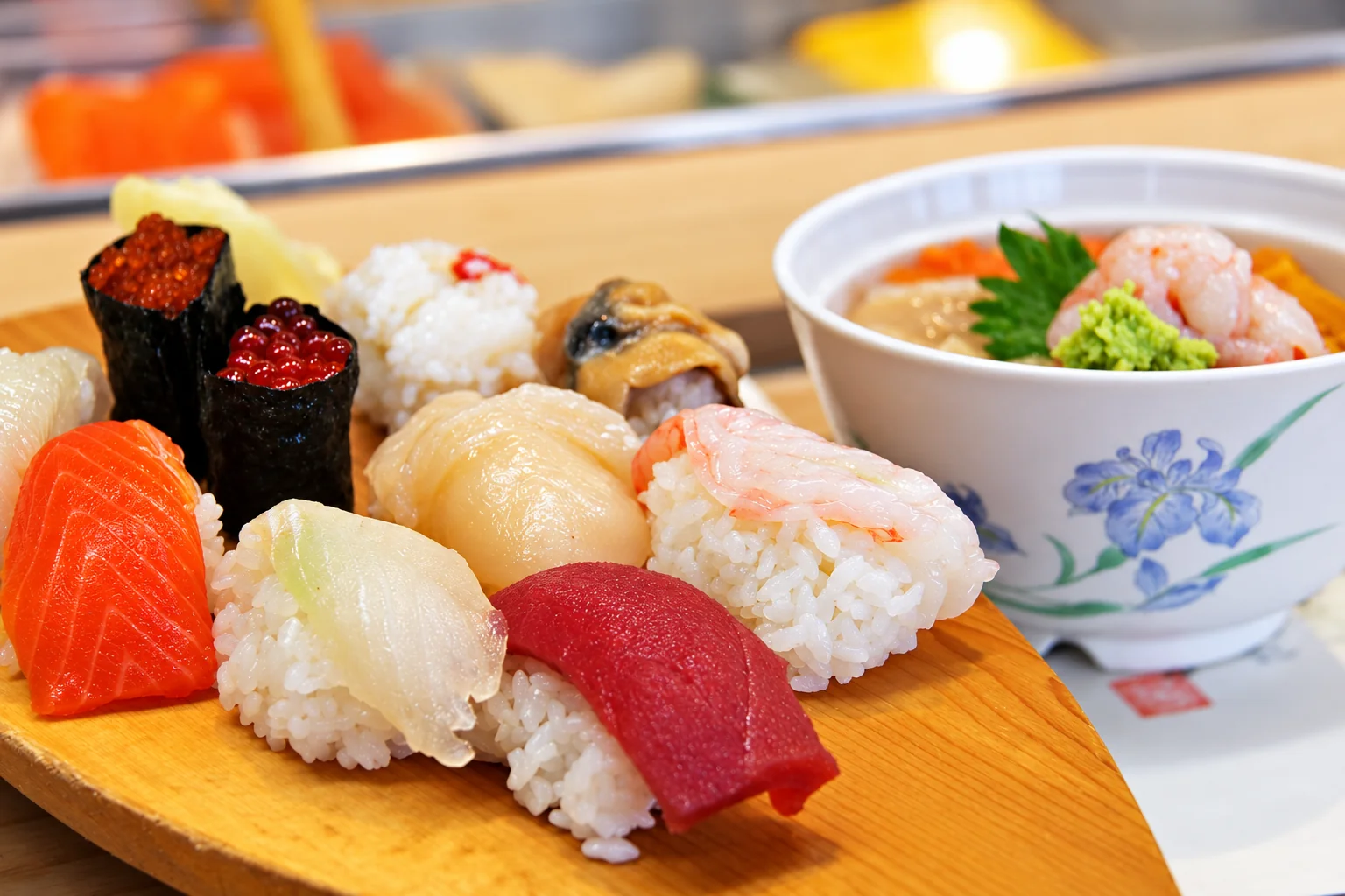 Sushis sur un plateau en bois, à côté d'un bol blanc à motif floral bleu.
